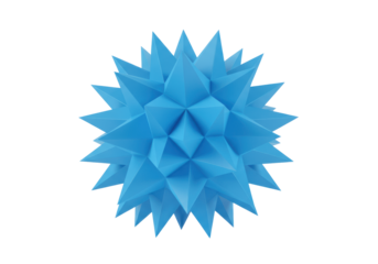 Abstract, vibrant sky blue starburst geometric shape with sharp pointed edges, smooth surface, centered on a clean white background with copy space, bright studio light, no shadows, concept for