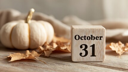 October 31 calendar cube and white pumpkin on rustic wooden table with dried leaves perfect for cozy Halloween decor, autumn celebration visuals and seasonal blog content