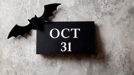 Halloween sign with bat silhouette and bold OCT 31 text on dark background, minimal spooky decor concept perfect for seasonal messages, posters and party invitations