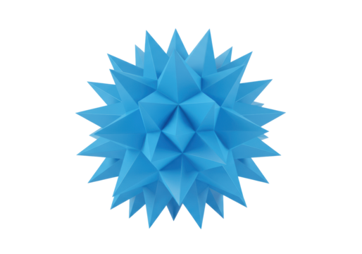 Abstract, vibrant sky blue starburst geometric shape with sharp pointed edges, smooth surface, centered on a clean white background with copy space, bright studio light, no shadows, concept for