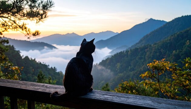 Black cat sits on a wooden railing, overlooking a misty mountain sunrise