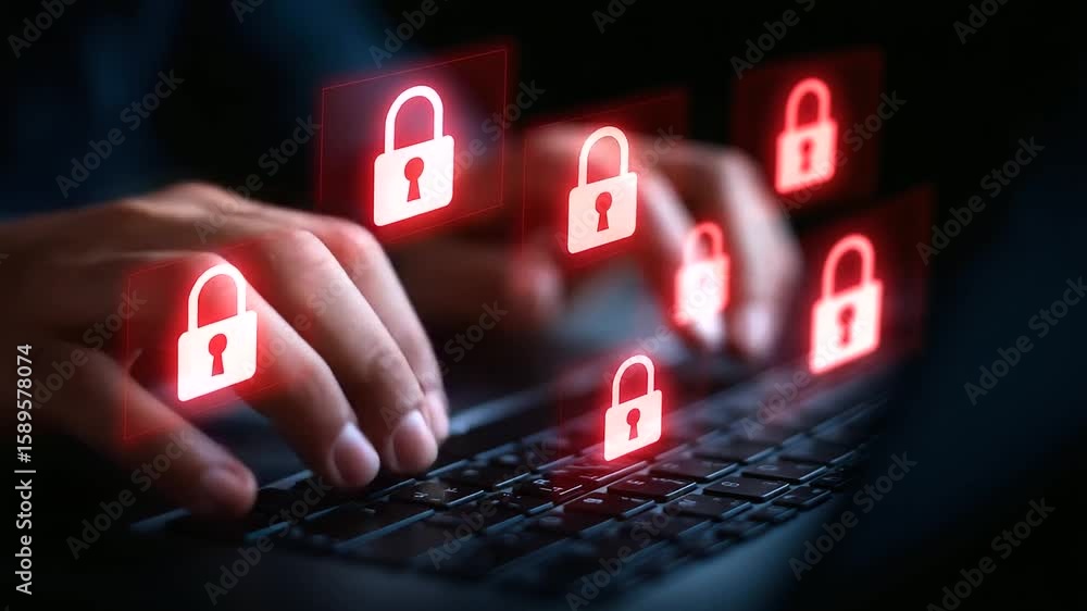 Poster close-up of hands typing on a laptop keyboard with digital security icons overlayed.