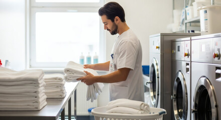 Obraz premium A man in a laundry room, carefully folding clean white towels.