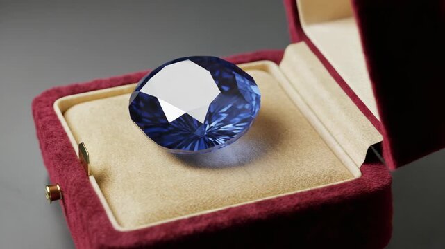 Oval Cut Blue Sapphire Gemstone Displayed in a Red Velvet Jewel Case with Gold Accents on a Neutral Gray Background Under Soft Studio Lighting