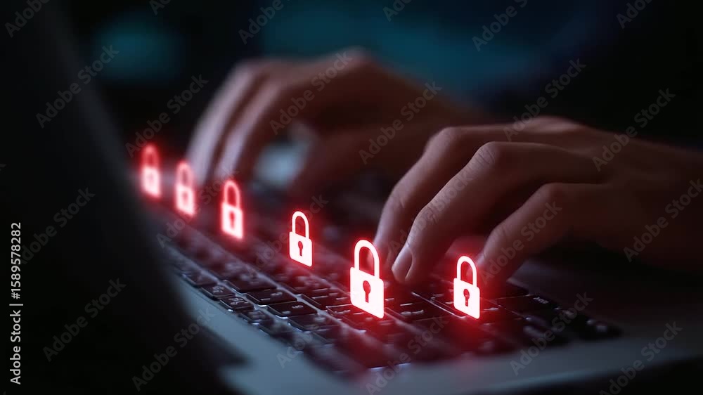 Poster close-up of hands typing on a laptop keyboard with digital security lock icons overlayed, symbolizin