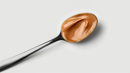 Minimalist view turmeric-inspired sauce in spoon, styled over clean pale surface for culinary focus