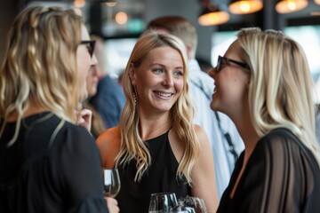 Three businesswomen chatting and smiling during after work party at a bar, drinking wine