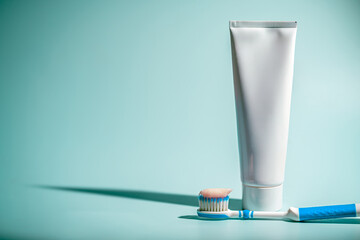 A toothbrush with blue and white bristles holds a dab of pink toothpaste in front of a dental care...