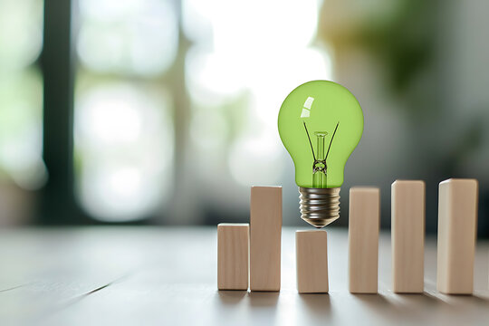 Green Innovation: A lightbulb resting atop wooden blocks, symbolizing creative problem-solving and eco-friendly initiatives for a sustainable future.