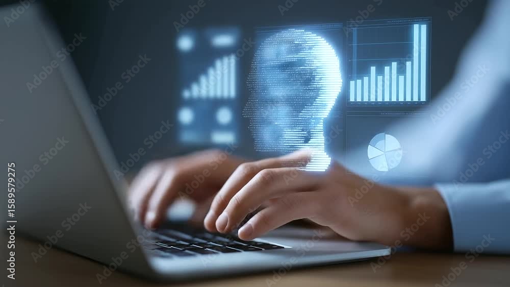 Poster A person interacts with a laptop displaying a holographic AI head and dynamic analytics overlays.