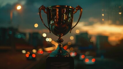 A single trophy sits on top of a wooden table, ready for display or competition