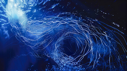 Luminous vortex figure spins softly below the ocean, glowing with fantasy light in a mystical scene