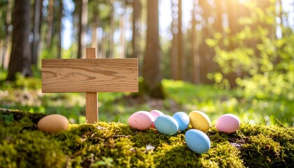 Wooden sign with Easter eggs in a forest (1)