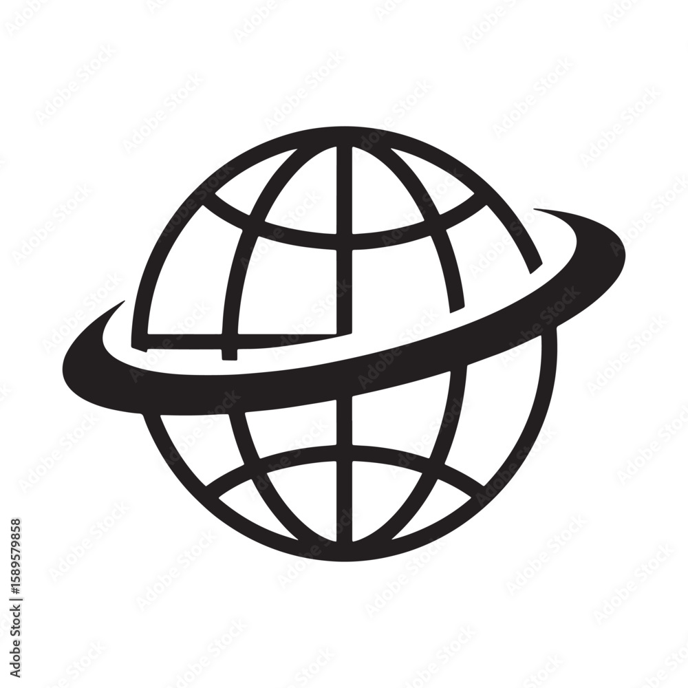 Poster monochromatic globe icon with orbiting ring conveying global connection and international communicat