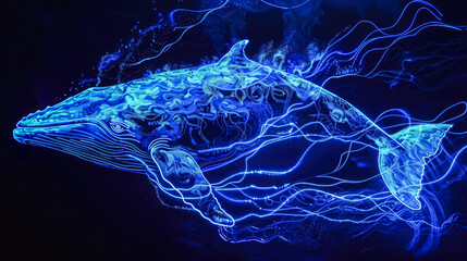 Surreal glowing whale formed by radiant light lines swims peacefully in a magical underwater realm.