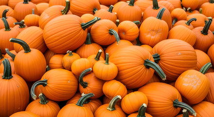 A large pile of vibrant orange pumpkins of varying sizes, ready for harvest or sale.
