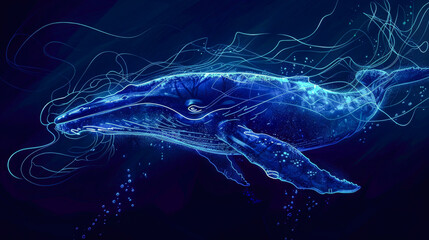 Glowing lines form a magical whale swimming through a bright, surreal underwater fantasy scene.