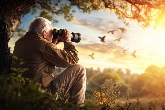 Senior man observing birds with binoculars during sunset in a peaceful outdoor setting