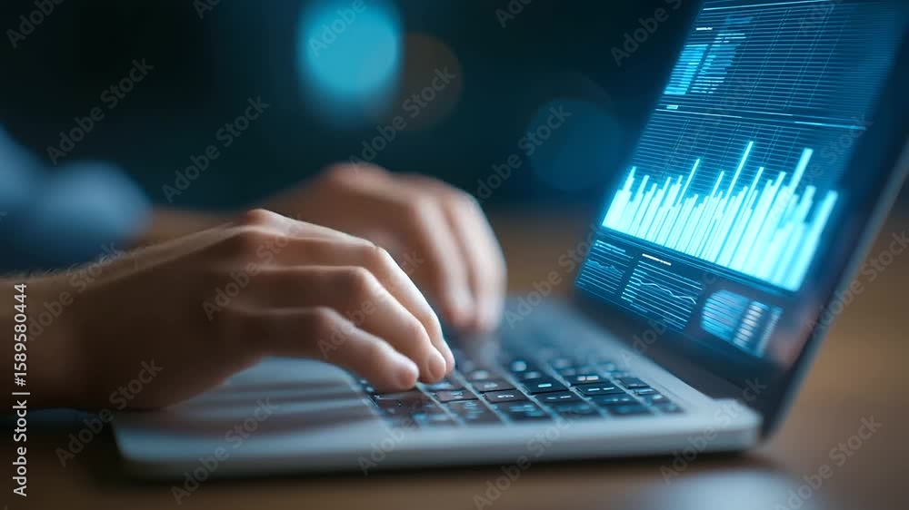 Poster fingers swiftly navigate a laptop keyboard, revealing an analytics dashboard overlay.
