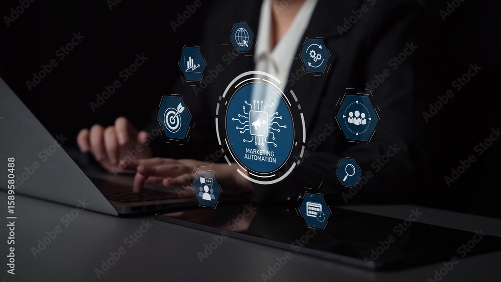 Poster marketing automation diagram showcase ai-driven campaign workflow, highlight marketing automation, d