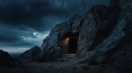 Dark blue twilight sky over a rocky, moody cave entrance, stone, cliff .