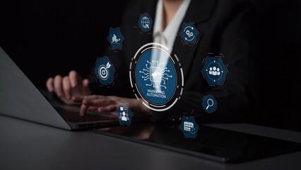 Marketing automation diagram showcase AI-driven campaign workflow, highlight marketing automation,...