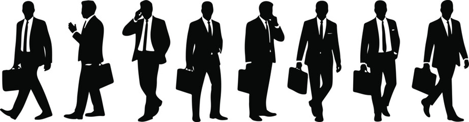 Businessmen silhouettes walking talking carrying briefcases businessman phone set, bundle, vector, isolated on white background, cutout, png, clipping path, transparent, image, download, 2025,2026