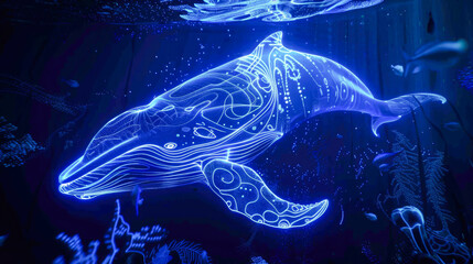 Magical whale made of light shapes glows beautifully against a surreal underwater backdrop