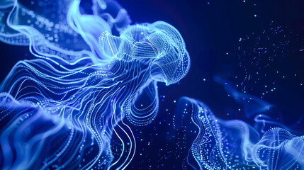 Magical jellyfish figure made of luminous lines floats peacefully a dreamy, glowing ocean background
