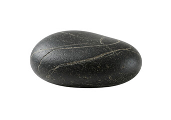 Dark gray smooth river stone with subtle speckles and intricate lines, perfectly static on a pristine clean white background with copy space and soft shadow, high-angle studio shot, concept of purity