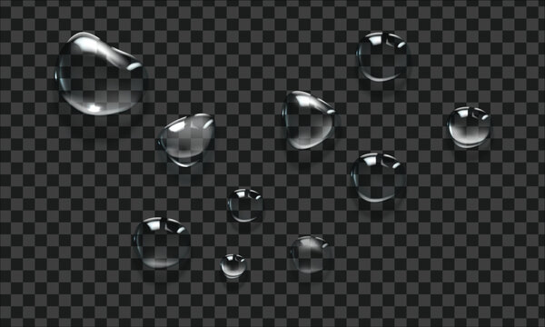 Vector water drop, drops, droplets. PNG drops, condensation on glass, on various surfaces. Realistic drops on a transparent background. Rain and dew.