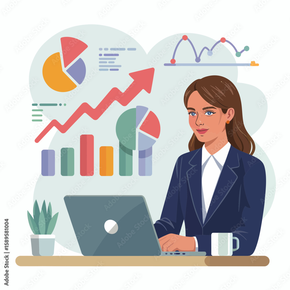 Aufkleber woman in suit working on laptop with charts and graphs in background showing business analysis data
