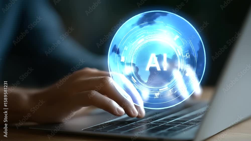Poster fingers swiftly navigate a laptop keyboard, interacting with a futuristic ai interface in a digital 