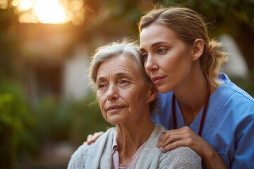 Fototapeta premium Compassionate nurse comforting elderly woman outdoors during a peaceful sunset moment