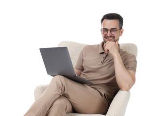 Professional psychologist having online consultation with his client via laptop on white background