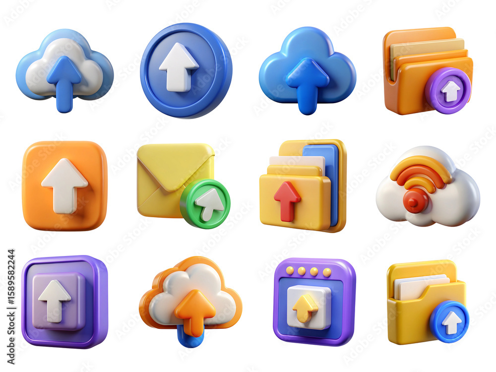 Poster 3d cartoon upload icons set isolated on transparent background