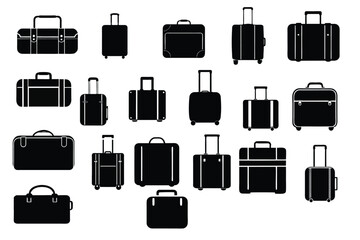 set of suitcases isolated on white, silhouette collection of luggage bag and more