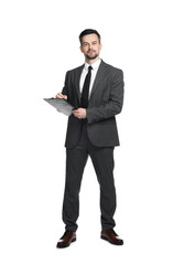 Professional psychologist with clipboard on white background