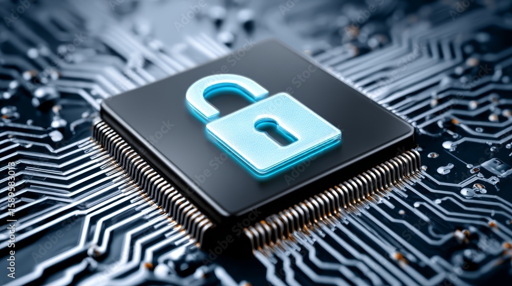 Poster cybersecurity padlock locking circuit board symbolizing digital data protection and privacy