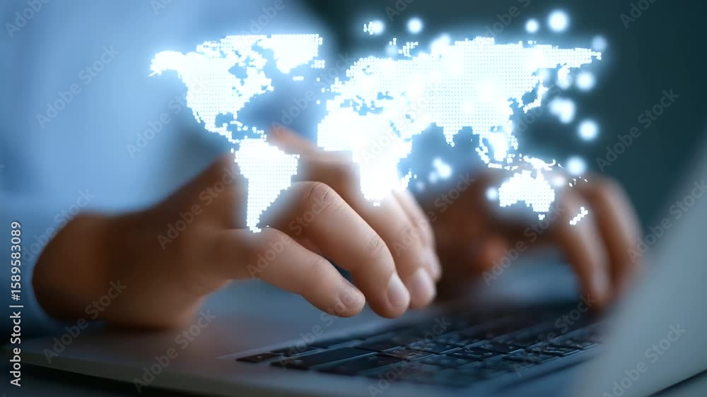 Aufkleber fingers typing on a laptop keyboard with a digital global network interface overlay.