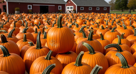 A vast field of ripe pumpkins sits before a rustic red barn on a sunny autumn day.