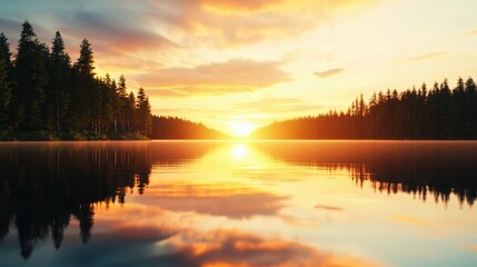 Fototapeta premium Scenery Calm lake reflecting a golden sunset with trees lining the shore.