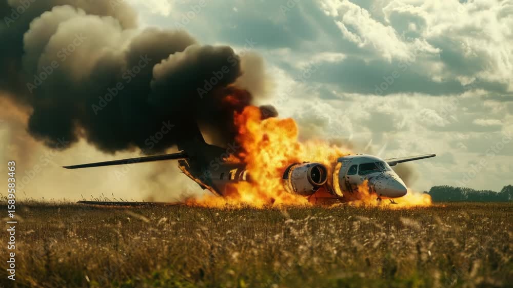 Poster a plane in flames after crashing in an open field