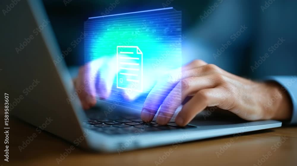 Poster futuristic scene of hands typing on a laptop with floating holographic documents and user avatars.