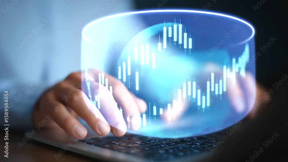 Poster close-up of hands typing on a laptop displaying dynamic stock charts and data visualizations.