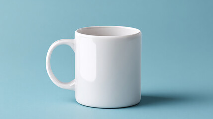 Obraz premium Minimalist Mug Mockup White Ceramic Mug on Light Blue Background for Coffee or Tea Designs