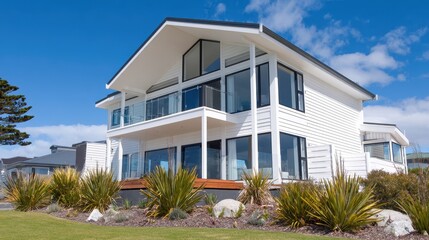 Modern coastal house with large windows and balconies, surrounded by landscaped gardens