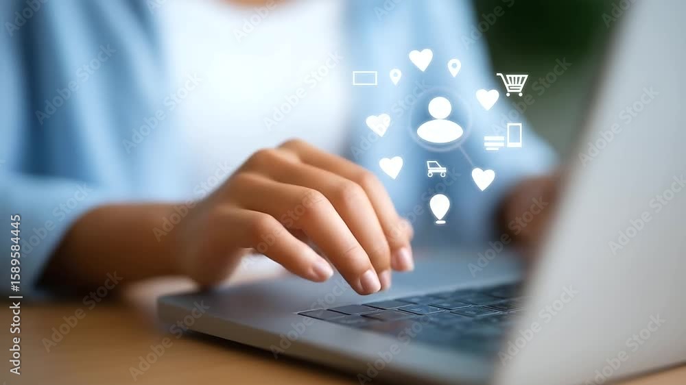 Poster close-up of hands typing on a laptop keyboard with digital user profile and service icons overlayed.
