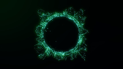 Glowing abstract green energy sphere made of particles in dark space. Futuristic digital explosion ring with radial lines and dynamic movement. Sci-fi tech background. Seamless loop animation