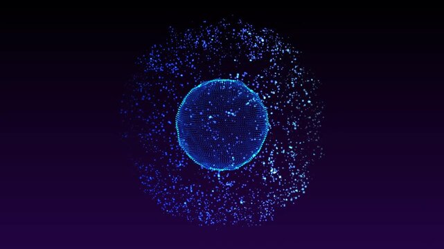 Blue glowing digital sphere made of floating particles in dark space. Futuristic abstract energy core with particle dispersion effect. Sci-fi tech visualization. Seamless loop animation